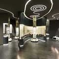 Indoor Exhibition Hall Featuring Carved Columns Gray Floor Curved White Lighting and Display Exhibits