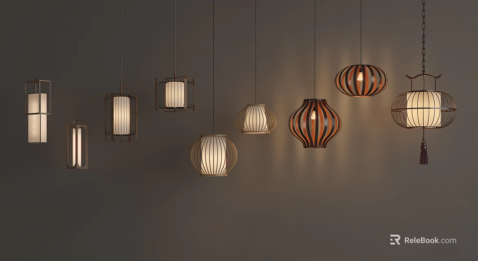 Stylish Pendant Lights With Various Designs Including Wooden Striped And Geometric Shapes 3d model 