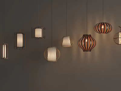 Stylish Pendant Lights With Various Designs Including Wooden Striped And Geometric Shapes 3d model