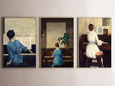 Portrait Paintings of Women Playing Piano with Musical Score and Green Plant Scenes 3d model