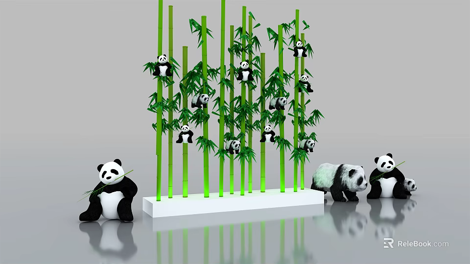 Tall Green Bamboo Stalks with Multiple Climbing and Sitting Pandas Figurines 3d model 