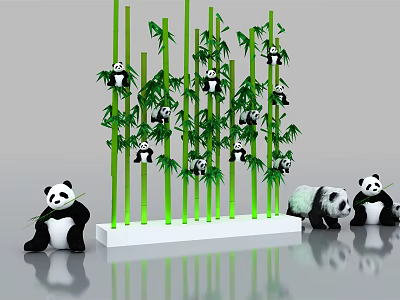 Tall Green Bamboo Stalks with Multiple Climbing and Sitting Pandas Figurines 3d model