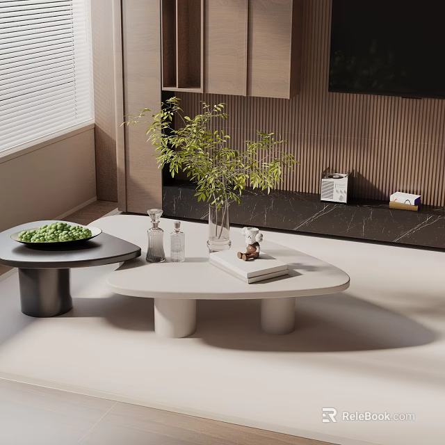 Modern Sofa And Coffee Table Combination With Decorative Plants And Books 3d model 