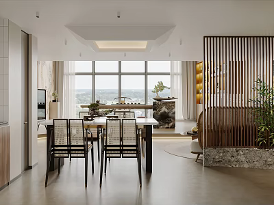 Spacious Modern Apartment Interior With Dining Area And Large Windows 3d model