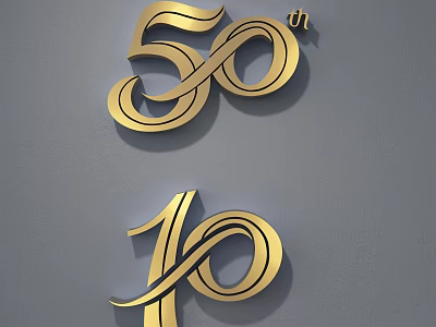 Golden Number 50th 10th Metallic Wall Decor with Gray Wall Background 3d model