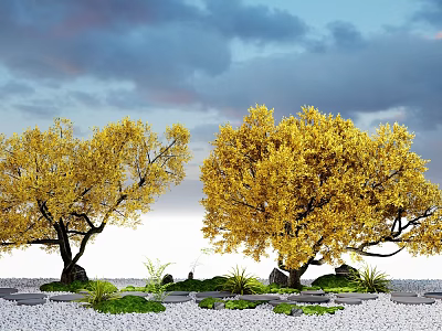 Beautiful Plant Combination Featuring Yellow Leaved Trees Small Plants Stones Green Grass And Blue Sky 3d model
