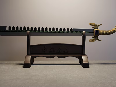 Ornate Sword with Spiked Blade Golden Hilt Dragon Pattern on Wooden Stand with Carved Characters 3d model