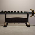 Ornate Sword with Spiked Blade Golden Hilt Dragon Pattern on Wooden Stand with Carved Characters