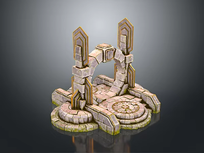 Decorative Stone Scene Component With Symmetrical Arch Pillars And Textured Circular Base 3d model