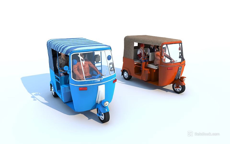 Colorful Tricycles With Blue Striped And Orange Brown Canopies Carrying Passengers 3d model 