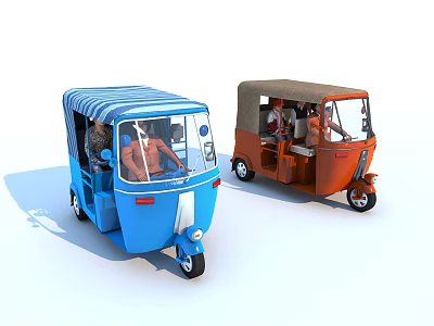 Colorful Tricycles With Blue Striped And Orange Brown Canopies Carrying Passengers 3d model
