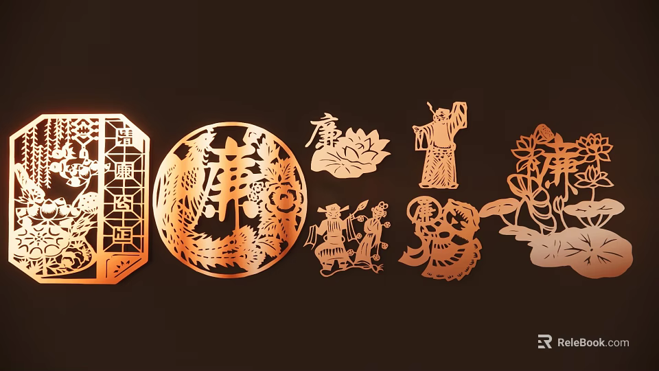 Golden Traditional Silhouettes with Dragon Phoenix Double Happiness Lotus in Paper Cut Art 3d model 