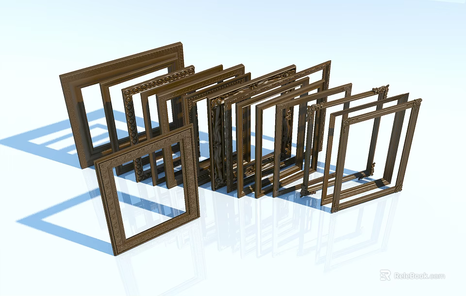 Various Brown Wooden Photo Frames Arranged With Shadows And Reflections On Light Background 3d model 