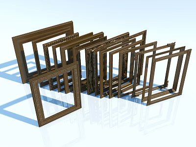 Various Brown Wooden Photo Frames Arranged With Shadows And Reflections On Light Background 3d model