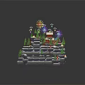 Cartoon Winter Scene With Snowy Hills Small Cabin Christmas Trees And Fireworks