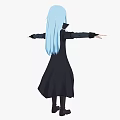 Woman With Blue Long Hair Wearing Black Long Coat And Gray Pants Arms Outstretched