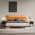 Double Bed Orange Headboard Gray Pillows Dark Blanket Side Nightstand Table Lamp Modern Wall Art
