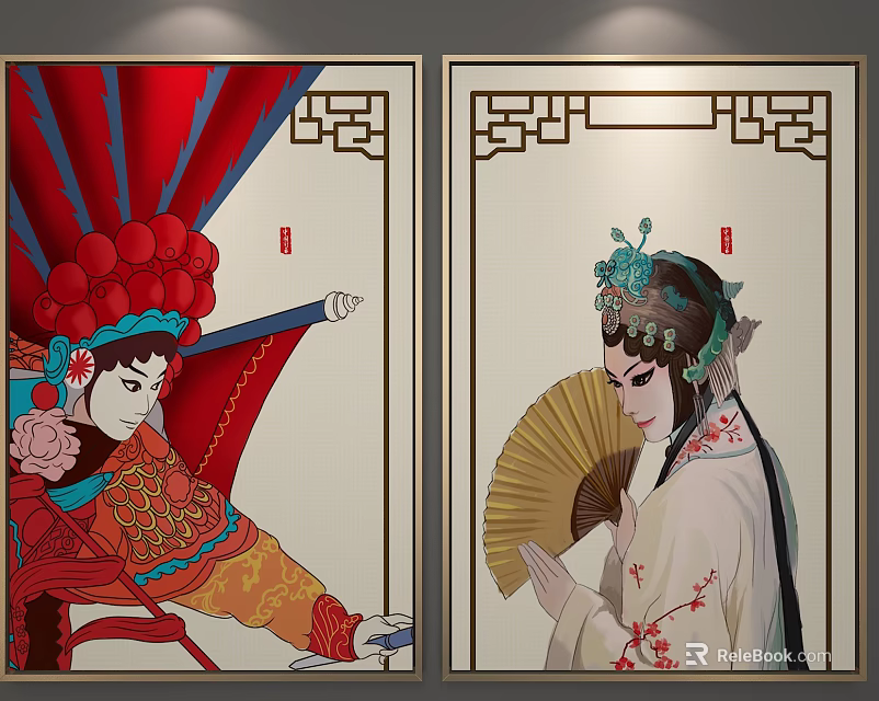 Traditional Chinese Opera Character Paintings with Red White Costumes Intricate Headdresses Fan and Pole 3d model 