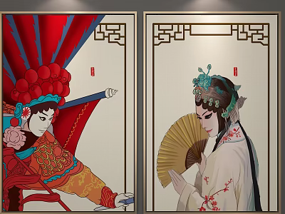 Traditional Chinese Opera Character Paintings with Red White Costumes Intricate Headdresses Fan and Pole 3d model