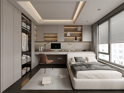Modern Tatami Bedroom Interior with Tatami Bed Desk Bookshelf Storage and Window Blinds 3d model