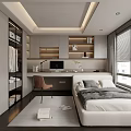 Modern Tatami Bedroom Interior with Tatami Bed Desk Bookshelf Storage and Window Blinds