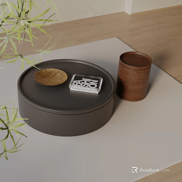 Round Black Coffee Table Combination With Gold Tray White Box Brown Cup And Green Plants 3d model 