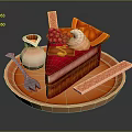 Delicious Red Cake Slice With Cream Berries Waffle Sticks And Milk Jug On Orange Plate