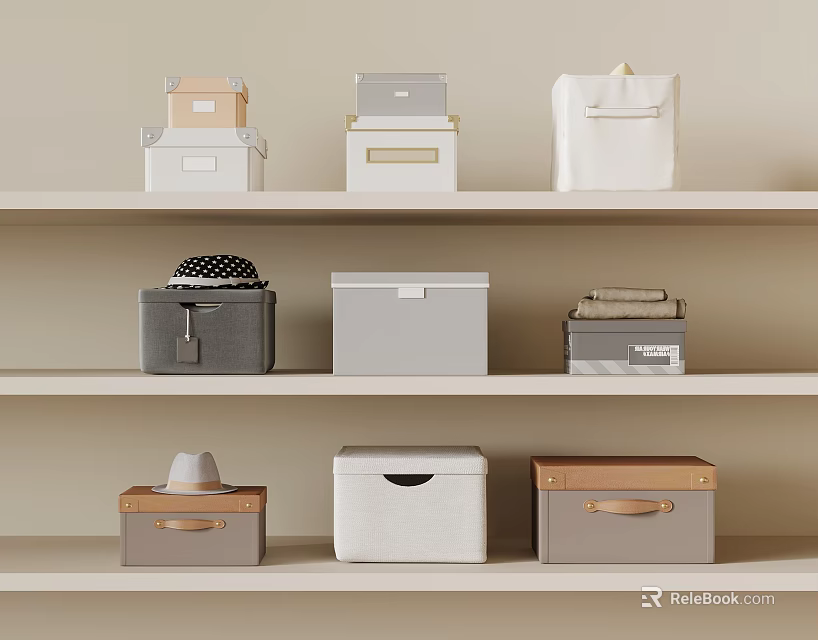 Organized Home Shelves With Multiple Storage Boxes And Fabric Bags 3d model 