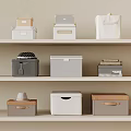 Organized Home Shelves With Multiple Storage Boxes And Fabric Bags