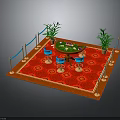Building Interior Design With Red Carpet Green Table Blue Chairs Railings And Plants