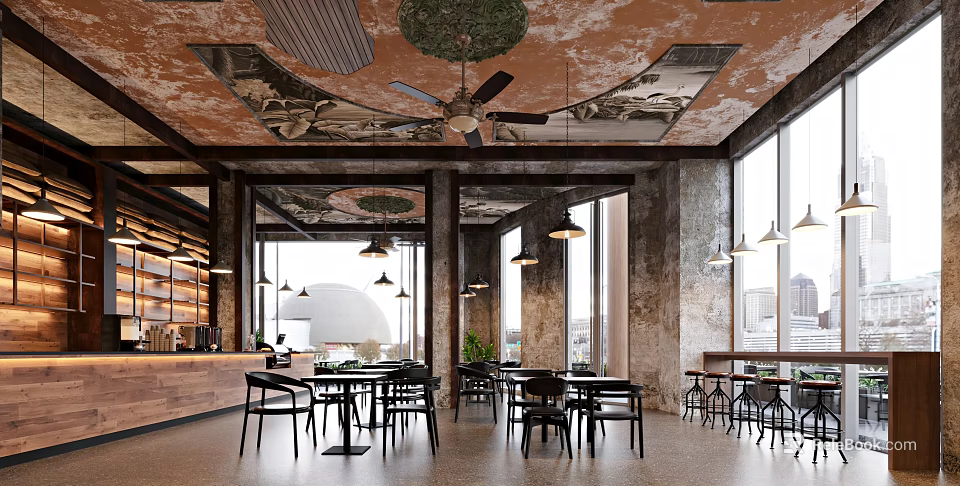 Industrial Style Café Interior With Vintage Ceiling Fan Large Windows Exposed Walls And Bar Counter 3d model 