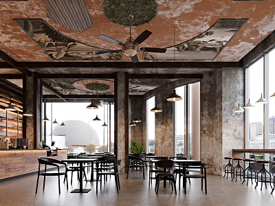 Industrial Style Café Interior With Vintage Ceiling Fan Large Windows Exposed Walls And Bar Counter 3d model