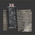 Vintage Stacked Bricks Structure With Decorative Carved Panel And Blue Red Elements