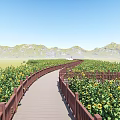 Scenic Wooden Boardwalk with Railings Through Sunflower Field Near Mountains and White Tents