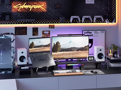 Modern Entertainment Room Interior With Cyberpunk Neon Sign Dual Monitors Laptop Speakers And Coffee Setup 3d model