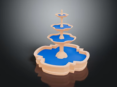 Three Tiered Decorative Fountain With Blue Water Basin And Light Colored Base 3d model
