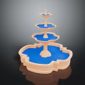 Three Tiered Decorative Fountain With Blue Water Basin And Light Colored Base