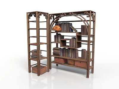 Traditional Chinese Wooden Bookshelf With Multiple Shelves And Decorative Items 3d model