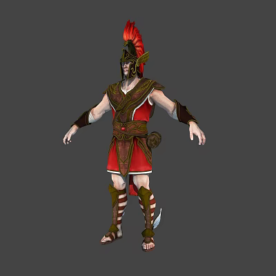 Ancient Warrior Character In Red And Gold Armor With Red Feather Helmet And Decorations 3d model
