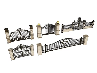 Elegant Wrought Iron Gates Featuring Stone Pillars And Intricate Decorative Designs 3d model