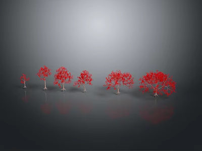 Red Trees Arranged From Small To Large With Gray Background And Ground Reflections 3d model
