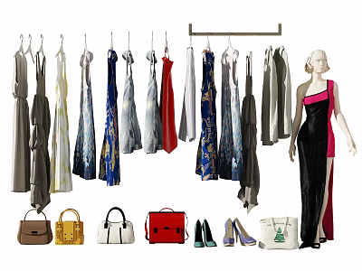 Variety of Stylish Hanging Clothes With Mannequin Dress Handbags And Shoes 3d model