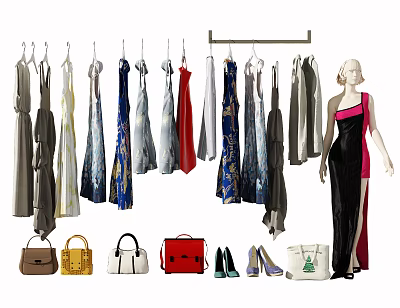 Variety of Stylish Hanging Clothes With Mannequin Dress Handbags And Shoes 3d model