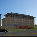 Modern Fire Station Building With Sloped Roof Large Windows And Green Trees Around Car Parked