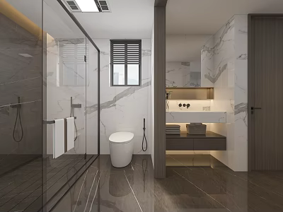Modern Elegant Bathroom With Marble Tiles Glass Shower Screen And Smart Toilet Floating Vanity 3d model