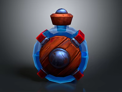 Intricate Sculpture Design With Bottle Shaped Structure Blue Transparent Sections Wooden Panel Red Decorative Blocks And Metal Sphere 3d model