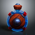 Intricate Sculpture Design With Bottle Shaped Structure Blue Transparent Sections Wooden Panel Red Decorative Blocks And Metal Sphere