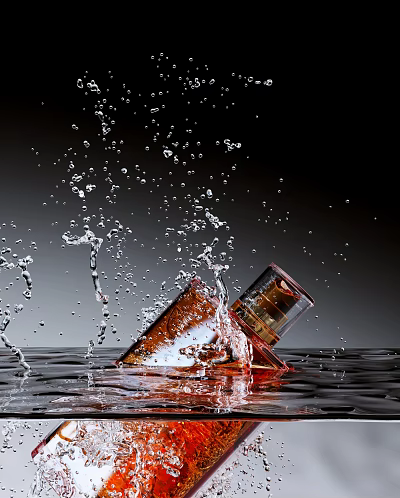 Perfume Bottle Displaying Splashing Liquid On Black Background For Visual Scene 3d model