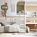 Cozy Kids Room With Bunk Bed Desk Hanging Balls Wall Art And Arched Design