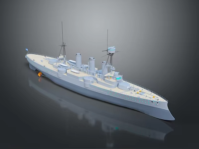 Detailed Historical Warship 3D Model With Turrets Smokestacks Antennas And Reflective Surface 3d model